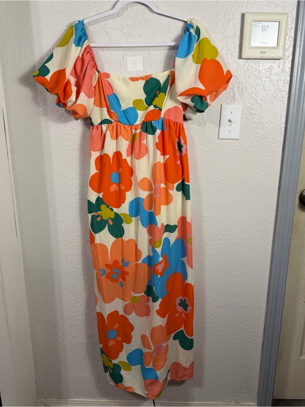 GeeGee Cream Floral Puff Sleeve Maxi Dress Orange Blue Retro Smocked Back M